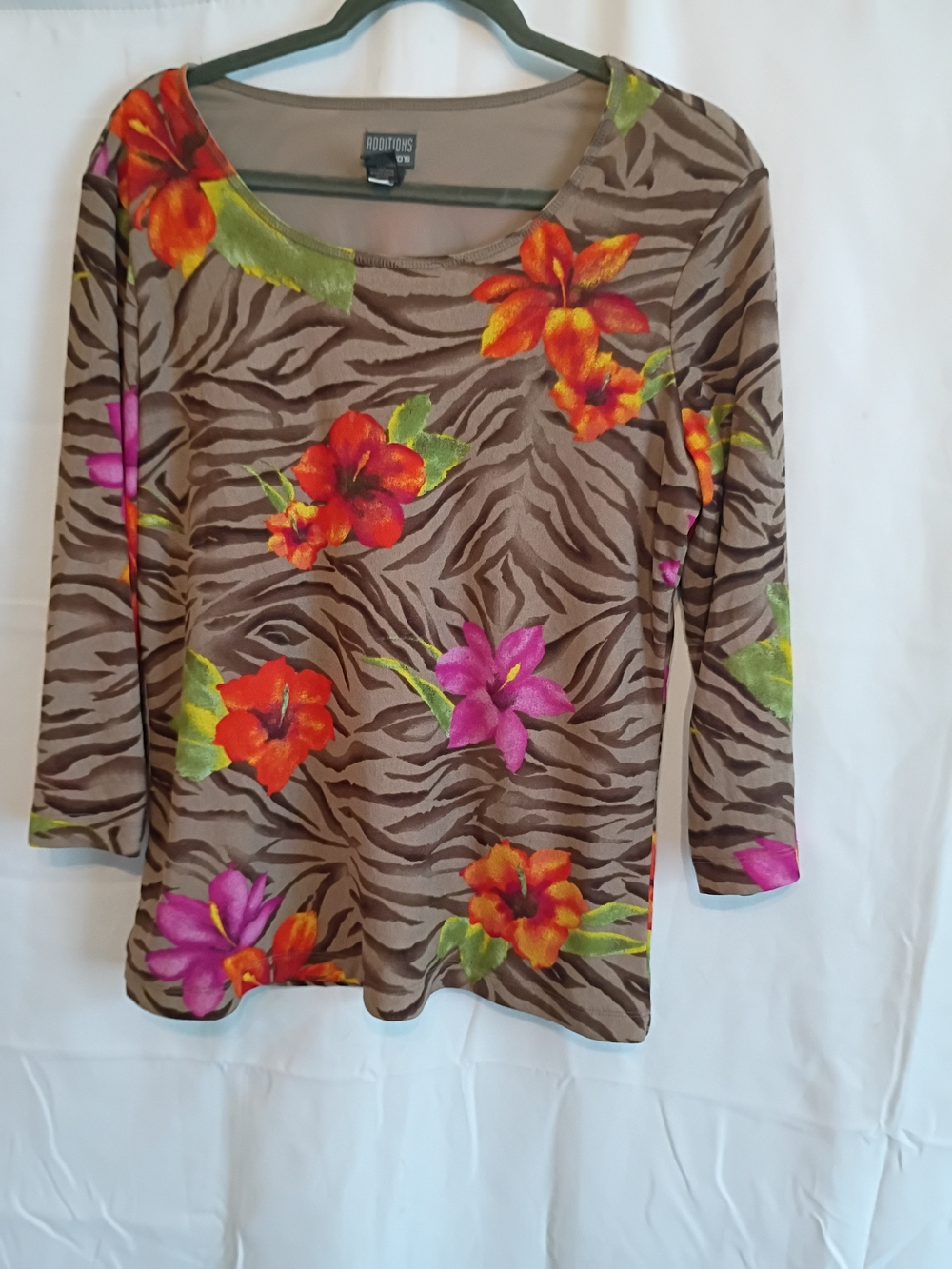 Chico's Brown Zebra Floral Scoop Neck Top with Orange and Pink Blooms Size Large